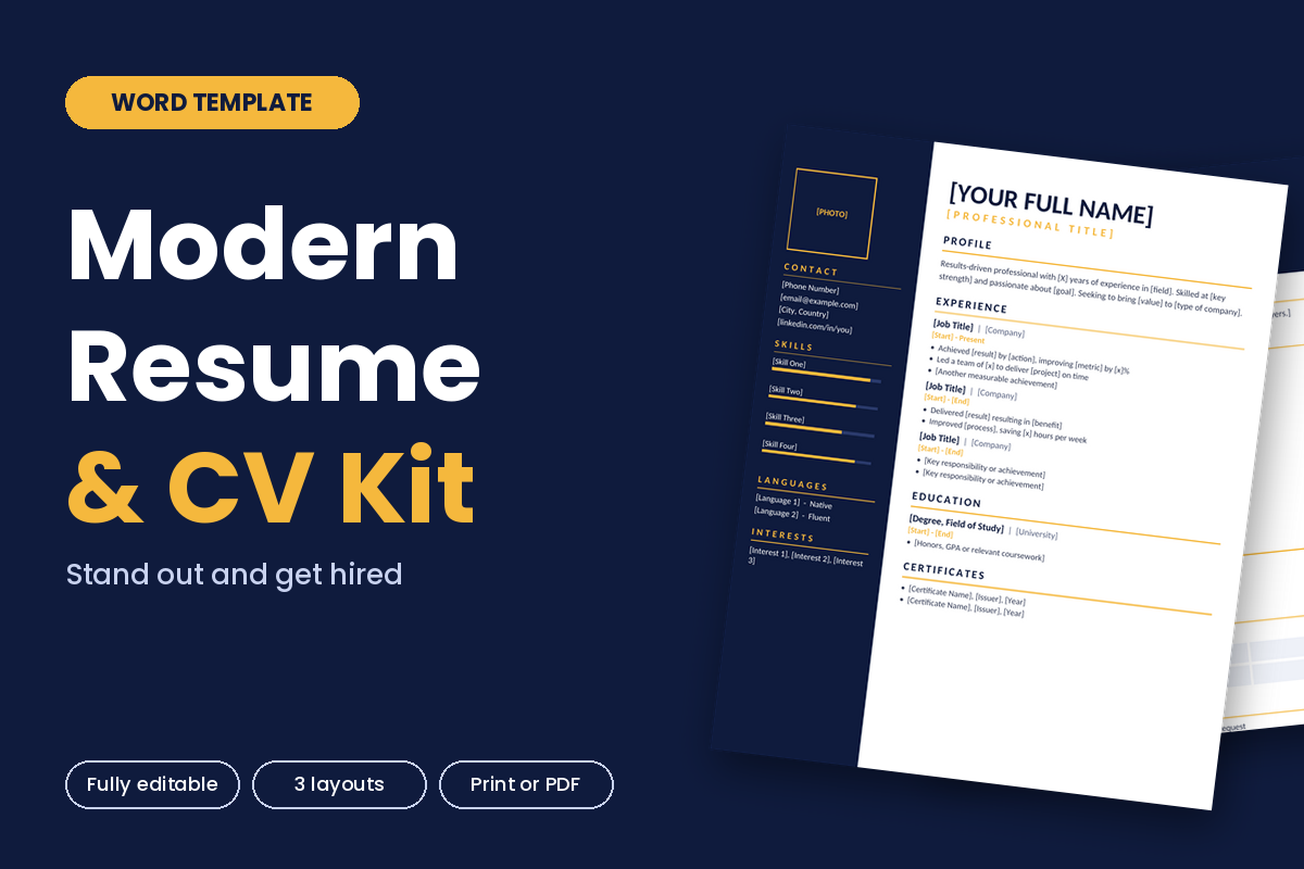 Modern Resume & CV Kit: 3 Professional Word Templates